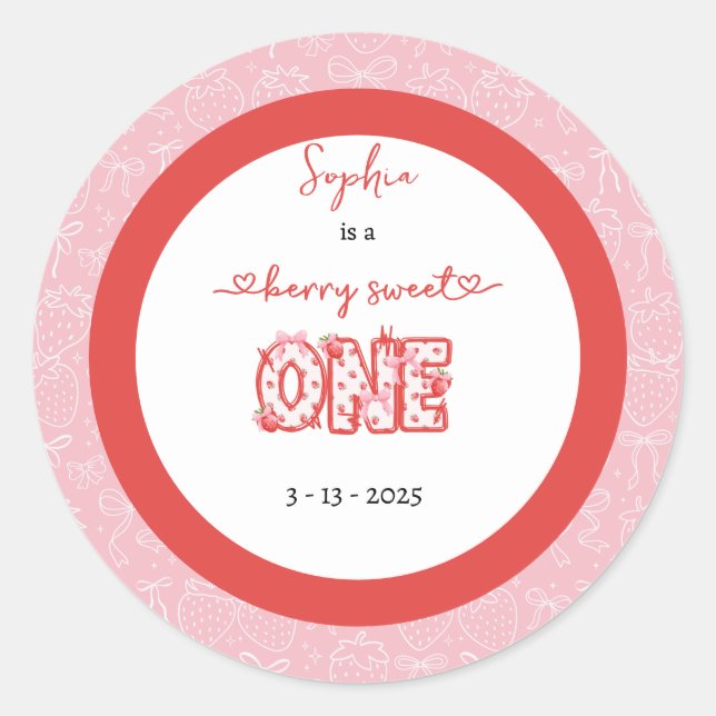 Pink Red Berry Sweet One Girl 1st Birthday Classic Round Sticker (Front)