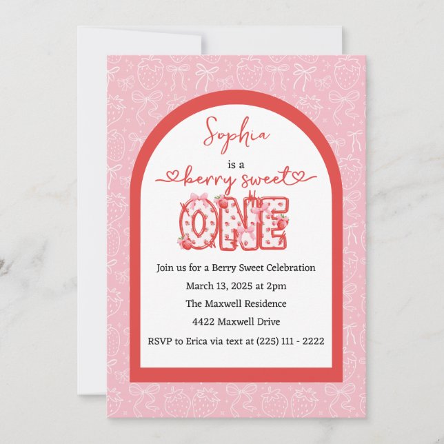 Pink Red Berry Sweet One Girl 1st Birthday Invitation (Front)