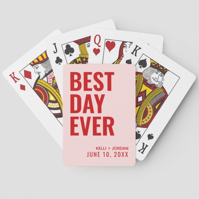 Pink & Red Best Day Ever Wedding Playing Cards (Back)