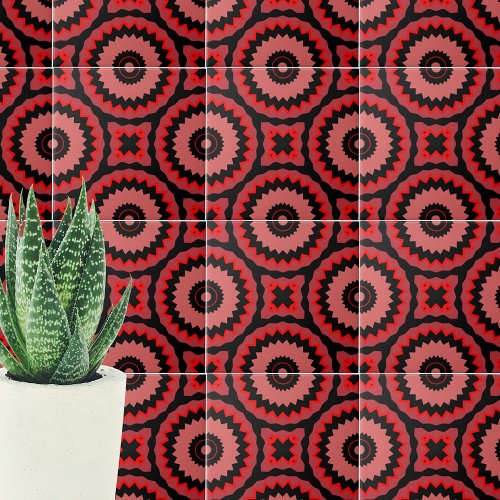 Pink Red Black Boho Ethnic Geometric Pattern Ceramic Tile