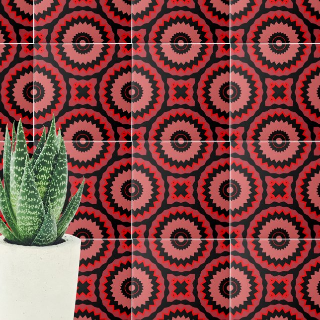 Pink Red Black Boho Ethnic Geometric Pattern Ceramic Tile (Creator Uploaded)