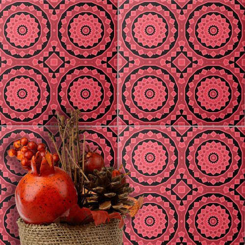 Pink Red Black Ethnic Moroccan Mosaic Pattern Ceramic Tile