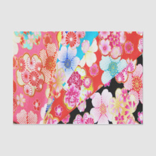 Pink Red Black Japanese Kimono Floral Decoupage Tissue Paper