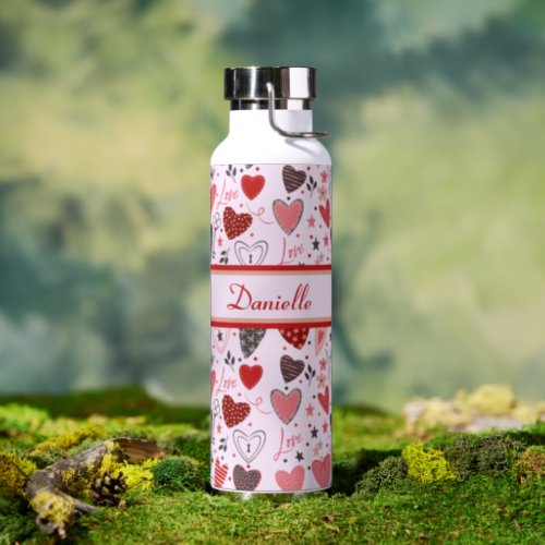 Pink Red  Black Patterned Hearts Stars Dots Water Bottle