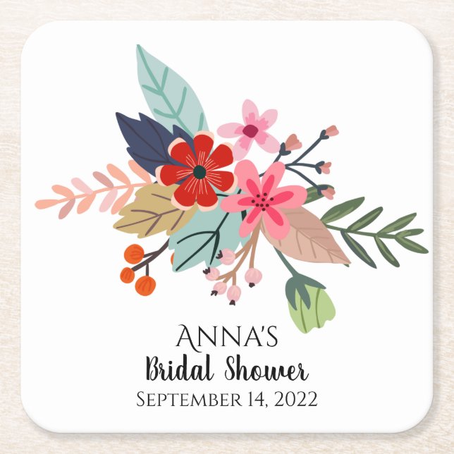 Pink red blue large bouquet summer flowers  square paper coaster (Front)