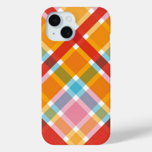 Pink Red Blue Orange Retro Plaid Checks Pattern iPhone 15 Case