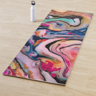 Pink Red Blue Yellow Black Abstract Fluid Painting Yoga Mat
