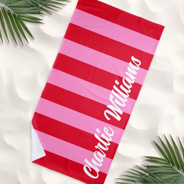 Pink red bold horizontal stripes custom retro name beach towel (Pink red bold horizontal stripes custom retro name beach towel)