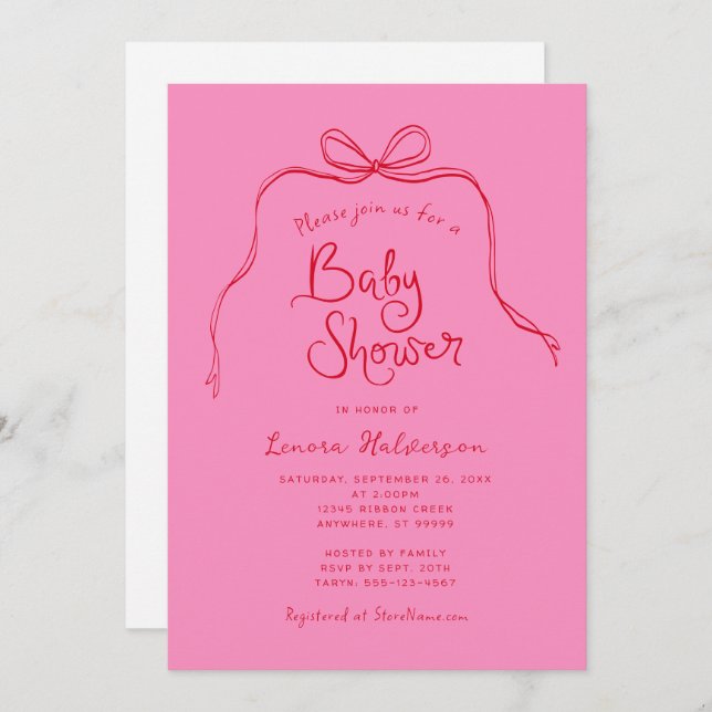 Pink Red Bold Simple Bow Baby Shower Invitation (Front/Back)