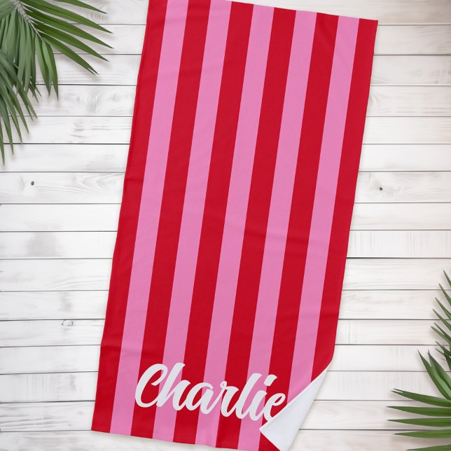 Pink red bold stripes custom retro name beach towel (Pink red bold stripes custom retro name beach towel)