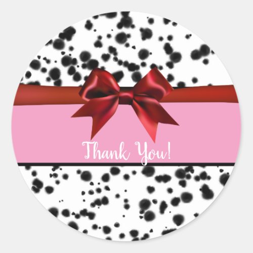 Pink Red Bow Black Dalmatian Spots Birthday Party Classic Round Sticker