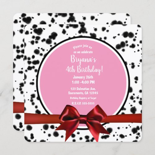 Pink Red Bow Black Dalmatian Spots Birthday Party Invitation