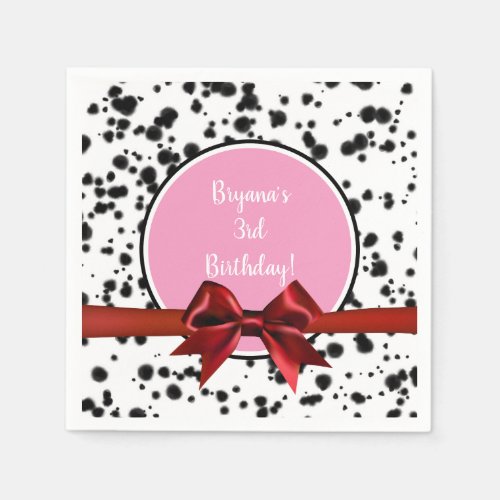 Pink Red Bow Black Dalmatian Spots Birthday Party Napkins