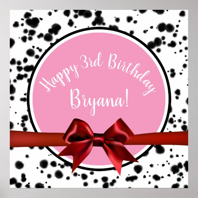 Pink Red Bow Black Dalmatian Spots Birthday Party Poster (Front)