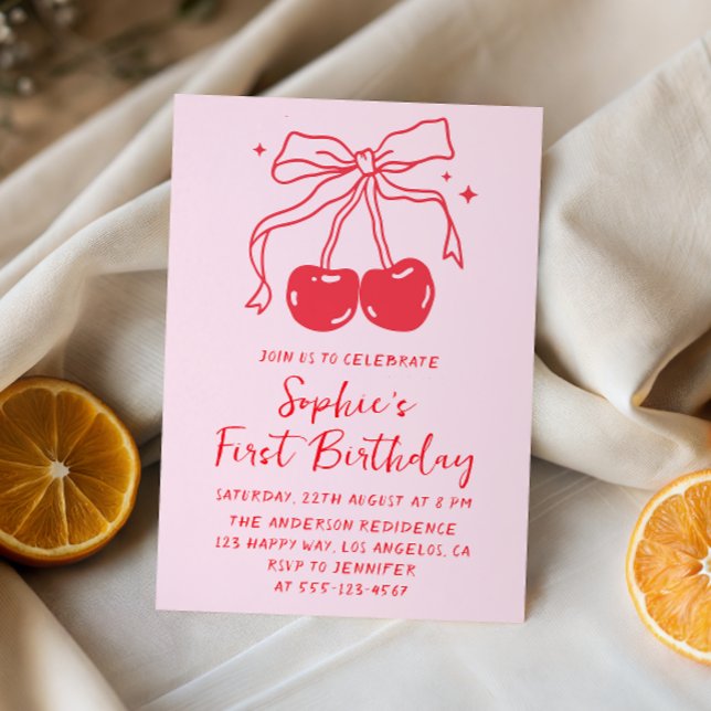 Pink & Red Bow Cherry Fruit 1st Birthday Party Invitation (Creator Uploaded)