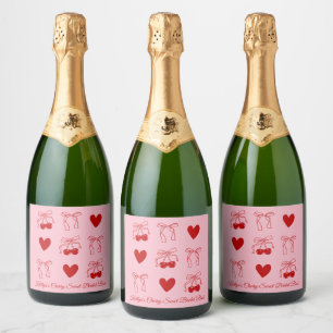 Pink Red Bow Cherry Sweet Bridal Shower Champagne Sparkling Wine Label