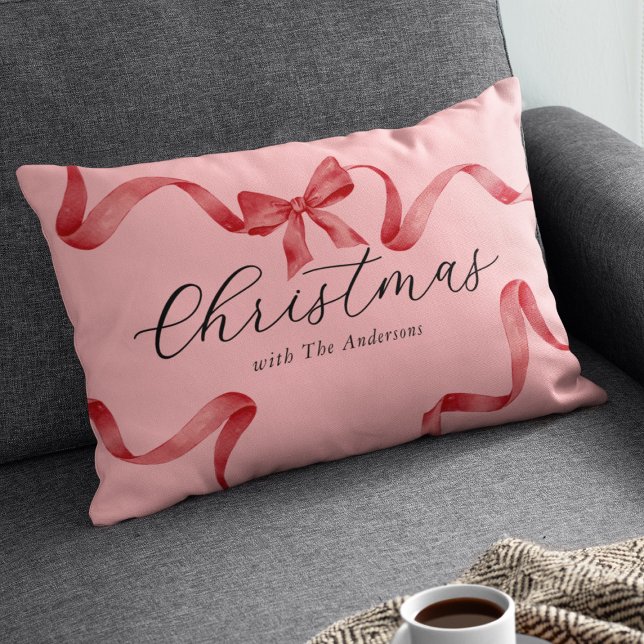 Pink Red Bow Family Christmas Lumbar Pillow (Creator Uploaded)