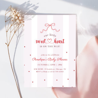 Pink Red Bow Heart Little Sweetheart Baby Shower Invitation