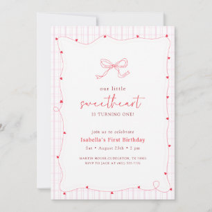 Pink Red Bow Little Sweetheart First Birthday Invitation