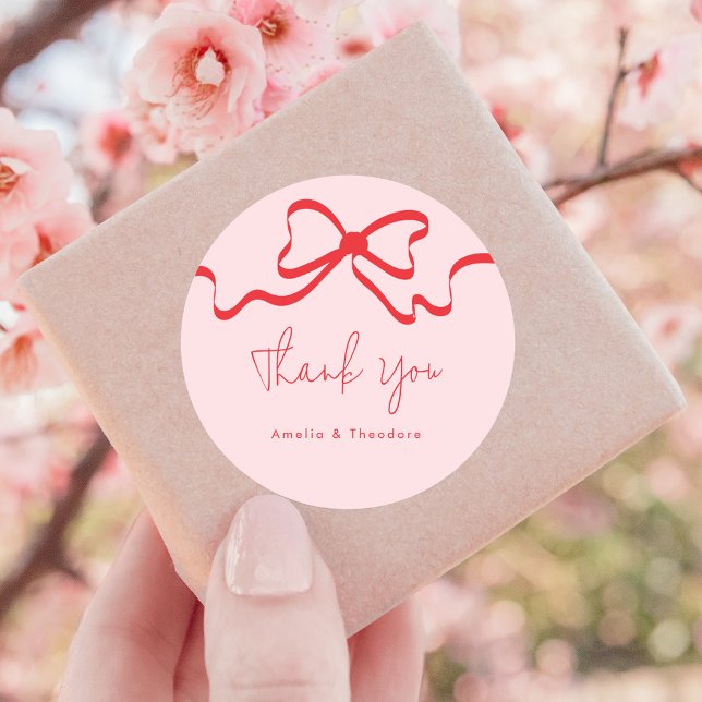 Pink Red Bow Modern Wedding Classic Round Sticker (Creator Uploaded)