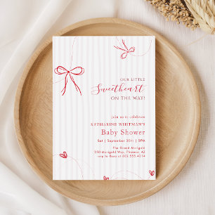 Pink Red Bow Script Little Sweetheart Baby Shower Invitation