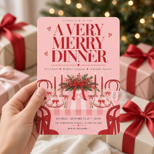 Pink Red Bow Tablescape Christmas Dinner Invitation