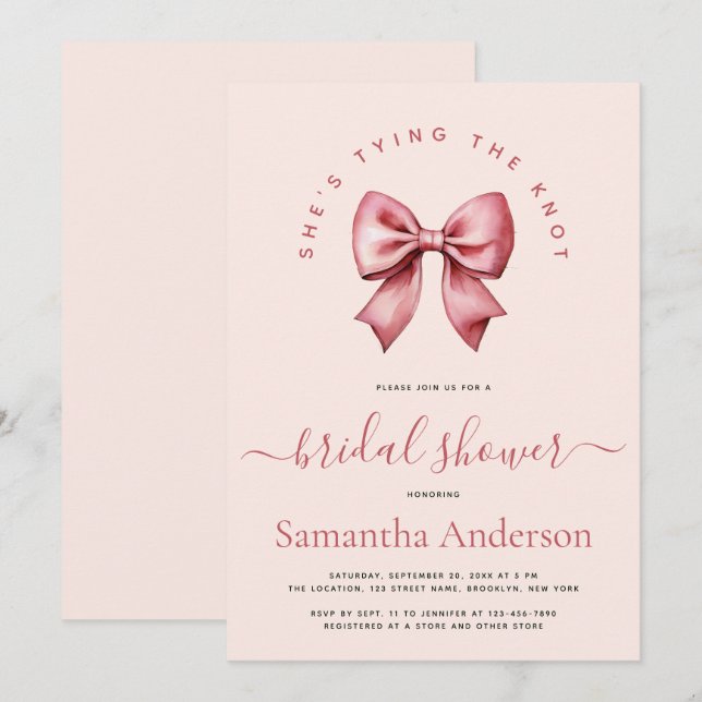 Pink Red Bow Tying the Knot Bridal Shower Invitation (Front/Back)