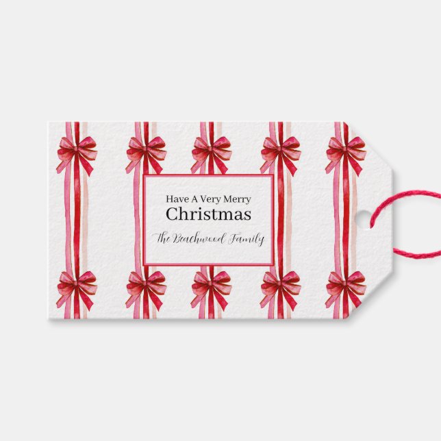 Pink Red Bows Christmas Gift Tags (Front (Horizontal))