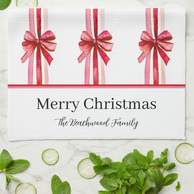 Pink Red Bows Christmas Kitchen Towel (Folded)