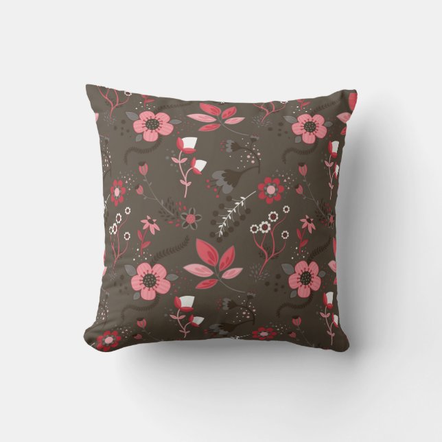 Pink Red Brown Floral Pattern Throw Pillow (Front)