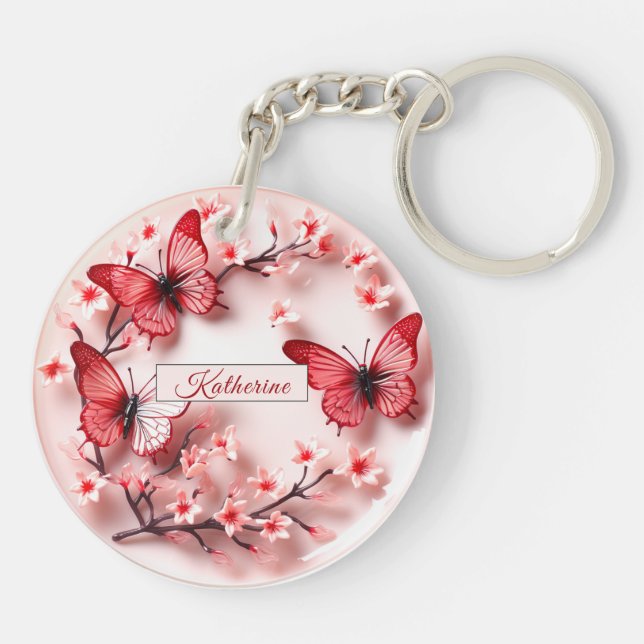 Pink Red Butterflies Cherry Blossoms Keychain (Back)