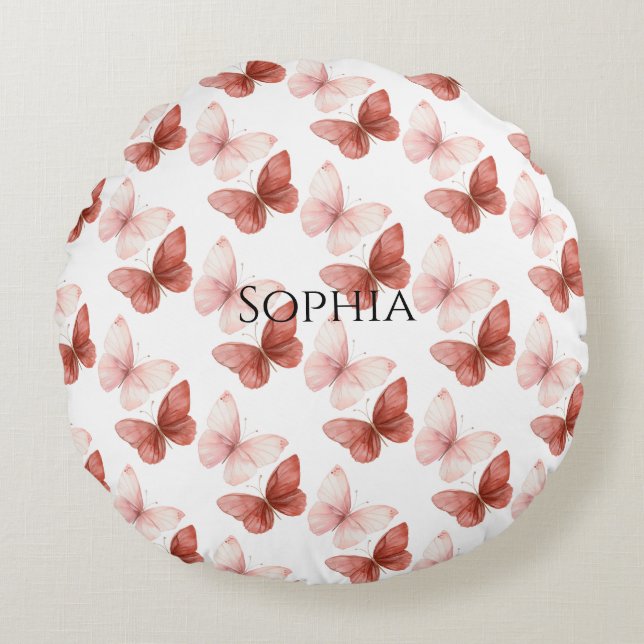Pink Red Butterflies Glitter Round Pillow (Front)