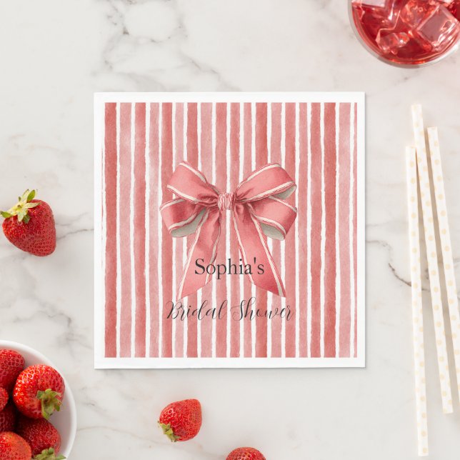 Pink Red Candy Cane Stripes Bow Bridal Shower Napkins (Insitu)