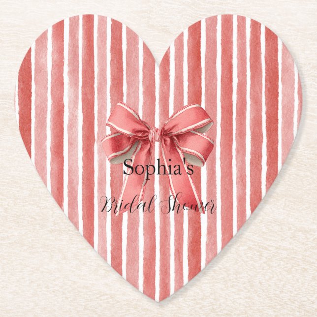 Pink Red Candy Cane Stripes Bow Bridal Shower Paper Coaster (Front)
