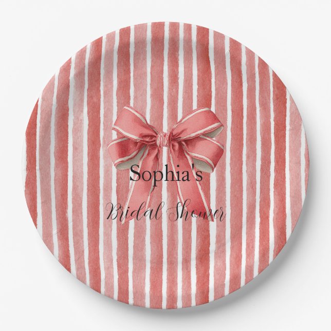 Pink Red Candy Cane Stripes Bow Bridal Shower Paper Plates (Front)