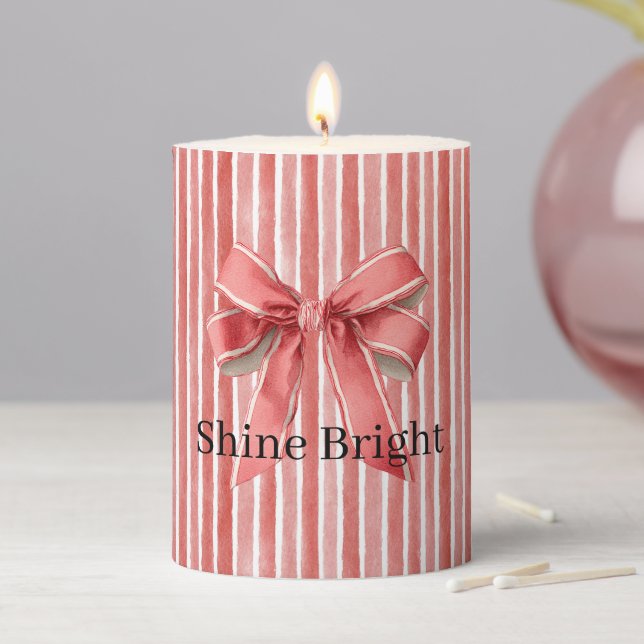 Pink Red Candy Cane Stripes Bow Pillar Candle (In Situ)