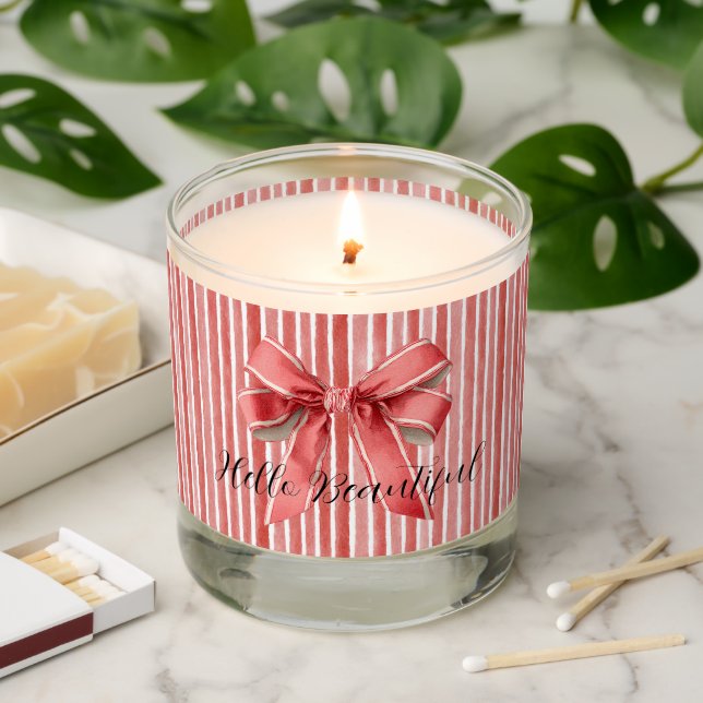 Pink Red Candy Cane Stripes Bow Scented Candle (Lit)
