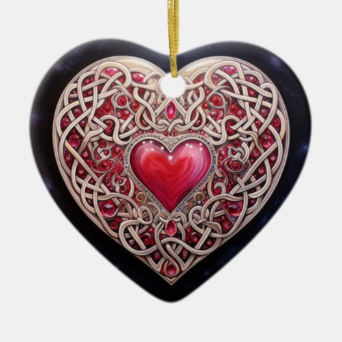 Pink Red Celtic Knot Heart Ceramic Ornament