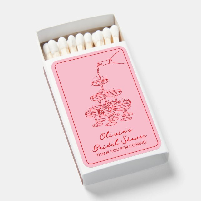 Pink & Red Champagne Tower Bridal Shower Favor Matchboxes (Front Open)
