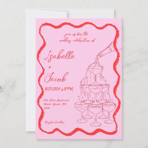 Pink Red Champagne Tower Wavy Hand Drawn Wedding Invitation