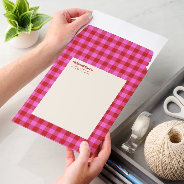 Pink Red Check Business Return Address Custom Envelope Mailers (Desk)
