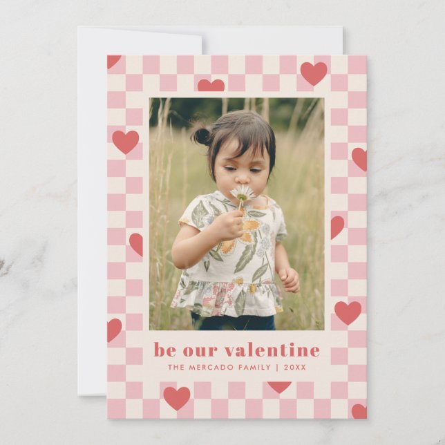 Pink Red Checkerboard Hearts Valentine's Day Card (Front)
