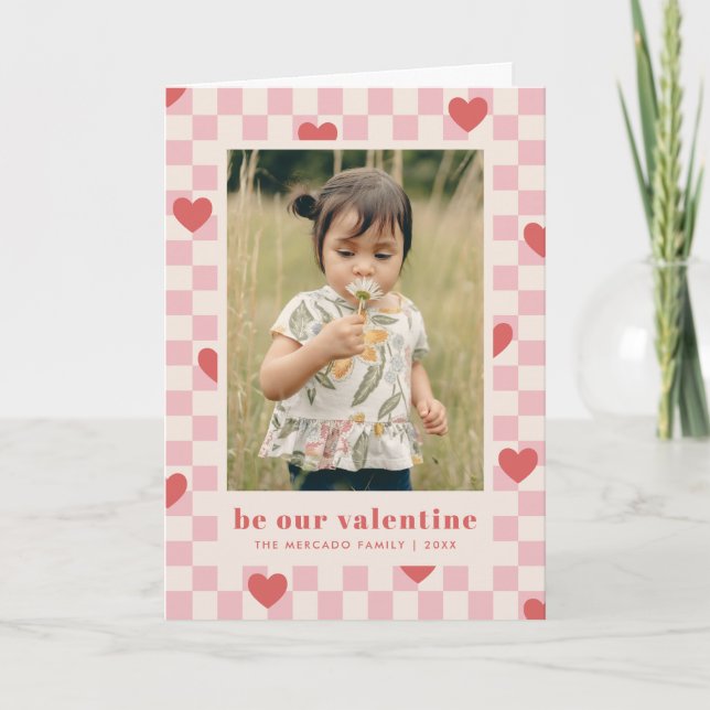 Pink Red Checkerboard Hearts Valentine's Day Card (Front)