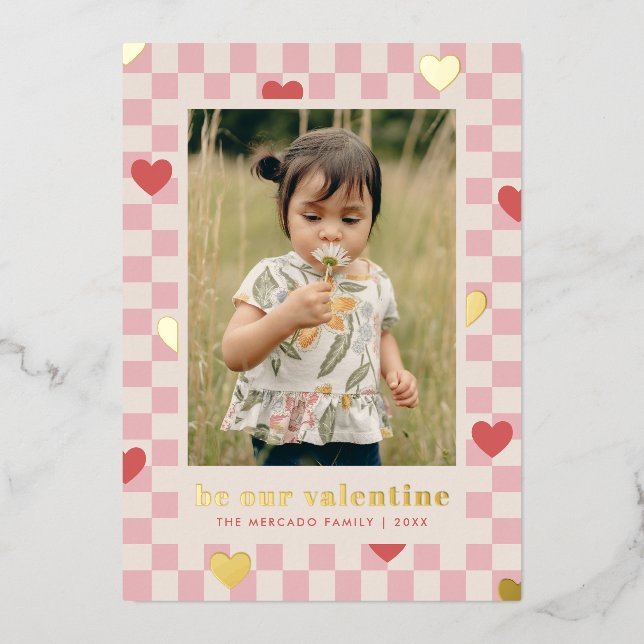 Pink Red Checkerboard Hearts Valentine's Day Card (Front)