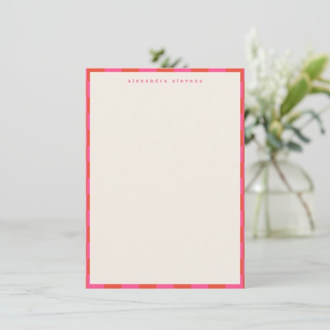 Pink Red Checkerboard Pattern Personalized Name Note Card (Standing Front)
