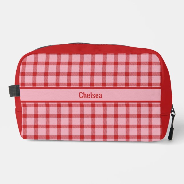 Pink + Red Checkered Bridesmaid Dopp Kit (Front)