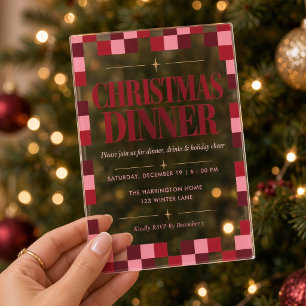 Pink & Red Checkered Christmas Dinner Acrylic Invitations