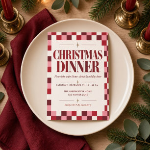 Pink & Red Checkered Christmas Dinner Invitation