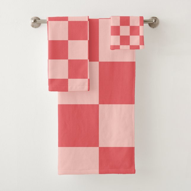 Pink Red Checkered Gingham Pattern Bath Towel Set (Insitu)
