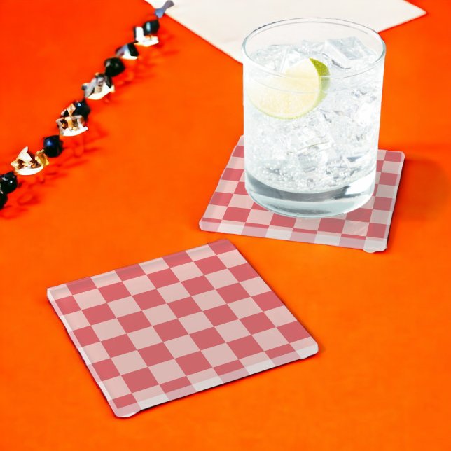 Pink Red Checkered Gingham Pattern Glass Coaster (Zazzle Pink Red Checkered Gingham Pattern Glass Coaster)